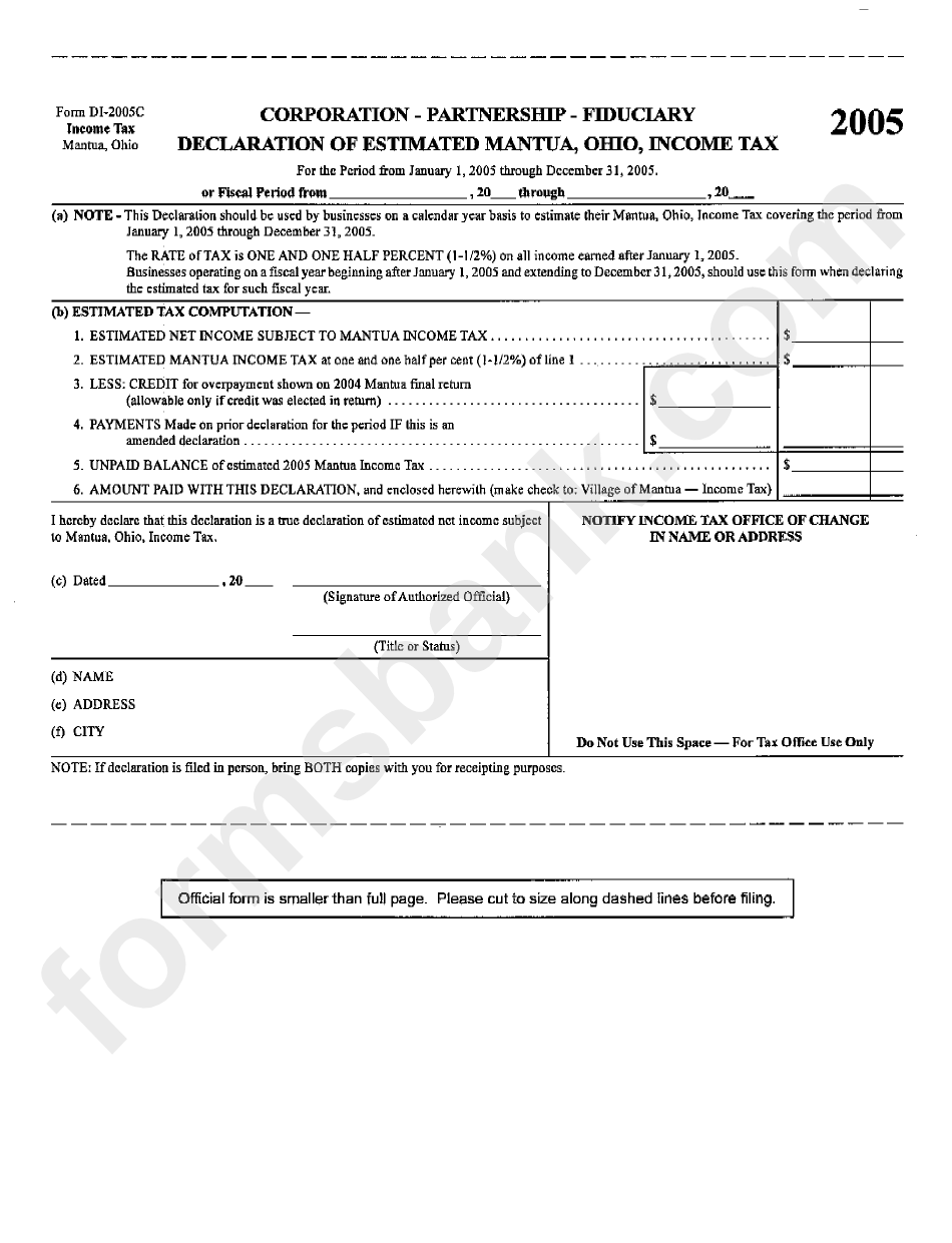 Form Di-2005c - Corporation - Partnership - Fiduciary Declaration Of Estimated Mantua, Ohio, Income Tax