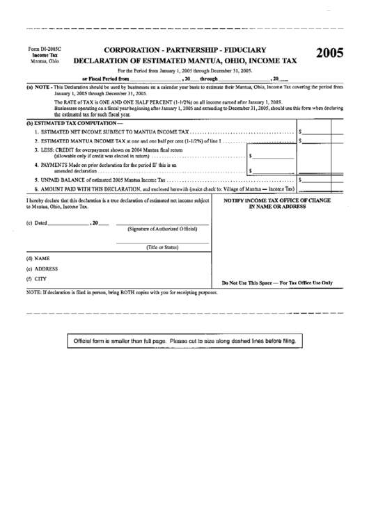 Form Di-2005c - Corporation - Partnership - Fiduciary Declaration Of Estimated Mantua, Ohio, Income Tax Printable pdf
