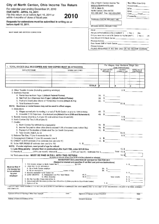 Ohio Income Tax Return Form - City Of North Canton - 2010 Printable pdf