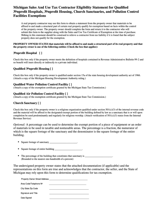 Michigan Sales And Use Tax Contractor Eligibility Statement Form For Qualified Nonprofit Hospitals, Nonprofit Housing, Church Sanctuaries, And Pollution Control Facilities Exemptions Printable pdf