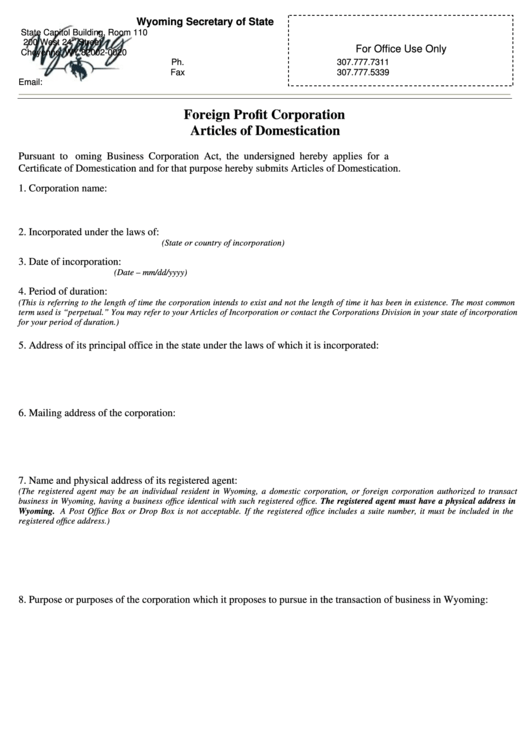 Fillable Foreign Profit Corporation Articles Of Domestication - Wyoming Secretary Of State, Consent To Appointment By Registered Agent - Wyoming Secretary Of State Printable pdf