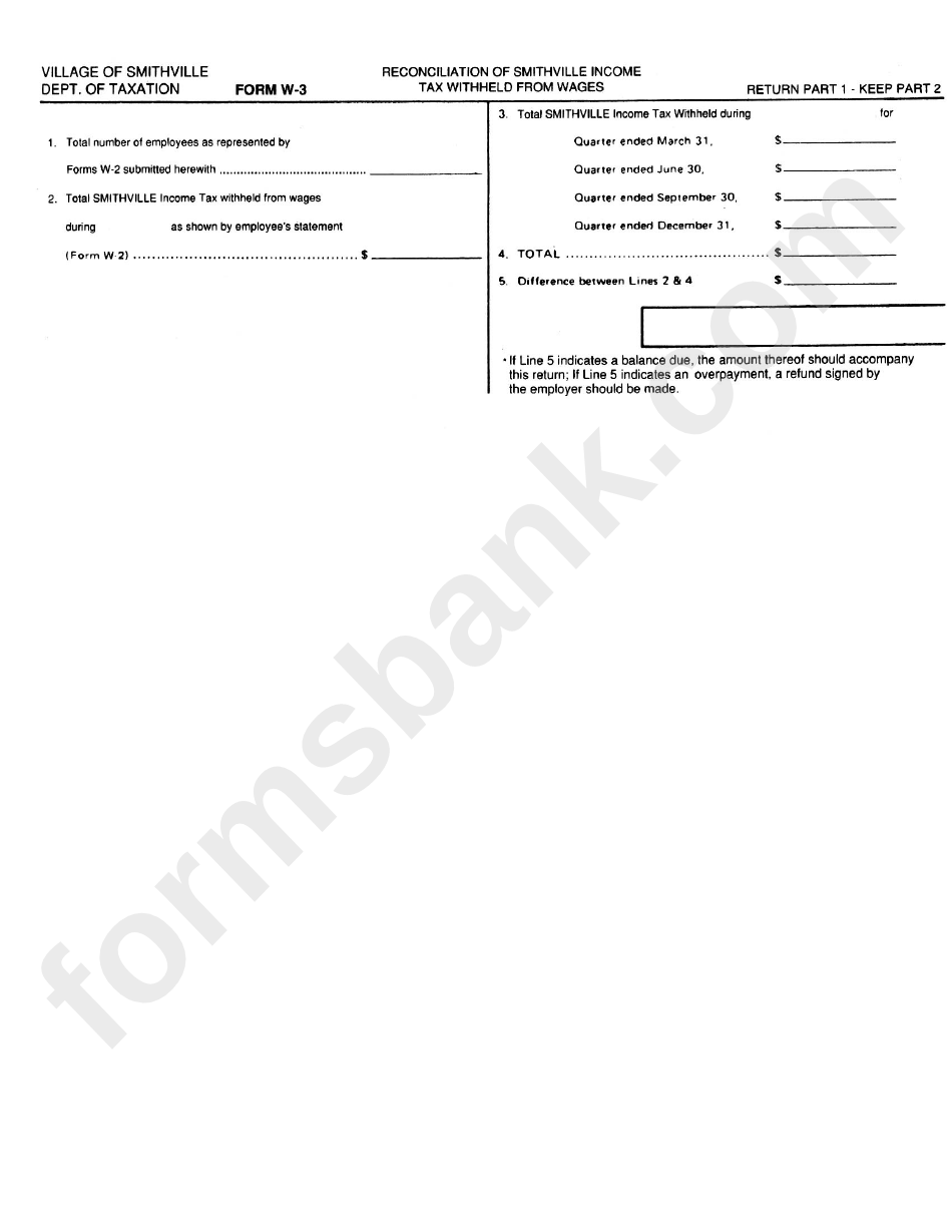 Form W-3 - Reconciliation Income Tax Withheld From Wages - Village Of Smithville - 2003