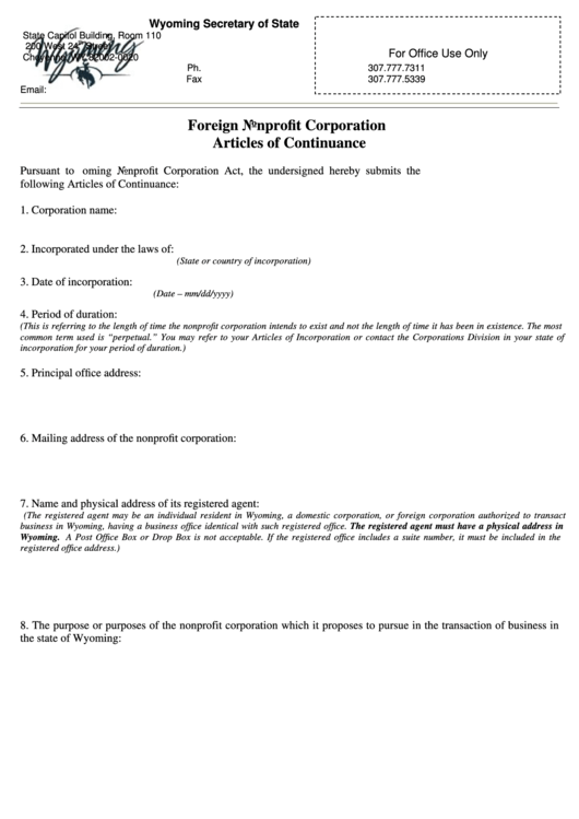 Fillable Foreign Nonprofit Corporation Articles Of Continuance - Wyoming Secretary Of State, Consent To Appointment By Registered Agent - Wyoming Secretary Of State Printable pdf