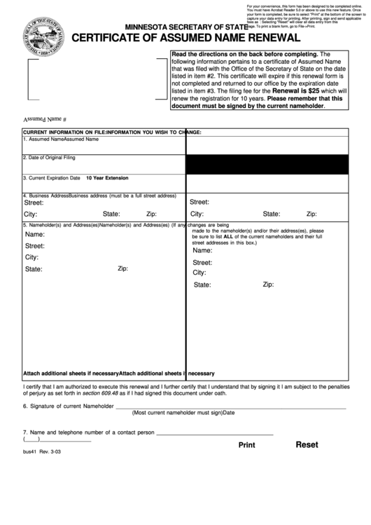 Fillable Form Bus41 - Certificate Of Assumed Name Renewal (2003) Printable pdf