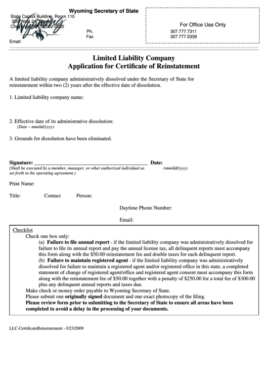 Fillable Llc Application For Certificate Of Reinstatement - Wyoming Secretary Of State, Statement Of Change Of Registered Agent And/or Registered Office By Business Entity - Wyoming Secretary Of State Etc. Printable pdf