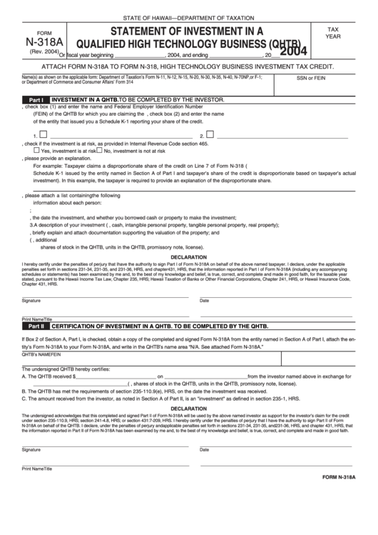 Form N-318a - Statement Of Investment In A Qualified High Technology Business (Qhtb) - 2004 Printable pdf