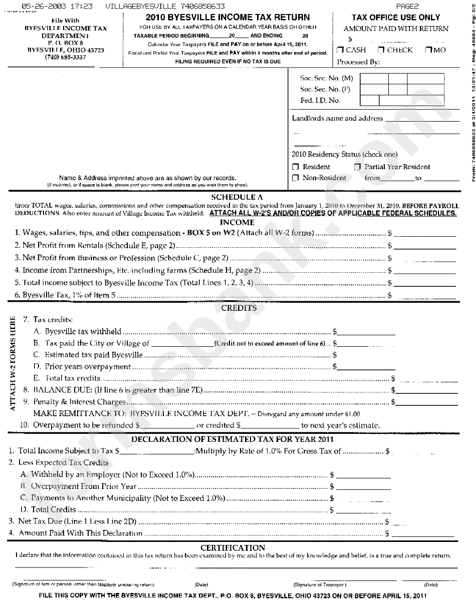 Form It1040 - Byesville Income Tax Return 2003