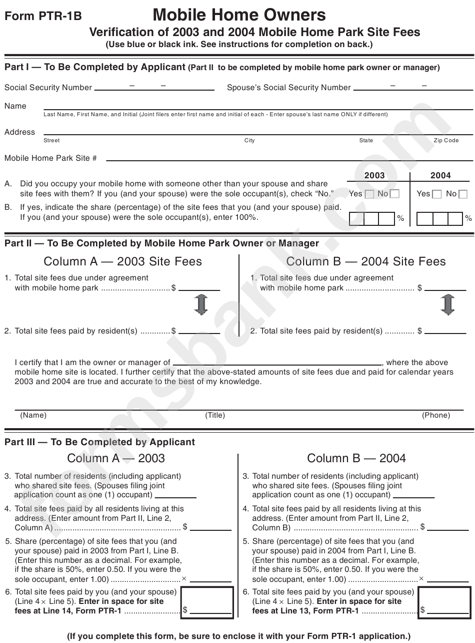 Form Ptr-1b - Verification Of 2003 And 2004 Mobile Home Park Site Fees