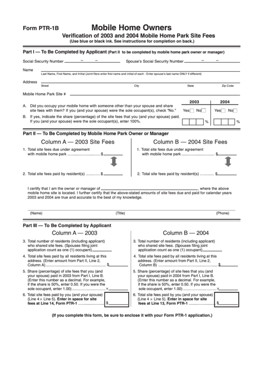 Form Ptr-1b - Verification Of 2003 And 2004 Mobile Home Park Site Fees Printable pdf