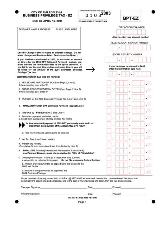 Form Bpt-Ez - Business Privilege Tax - 2003 Printable pdf