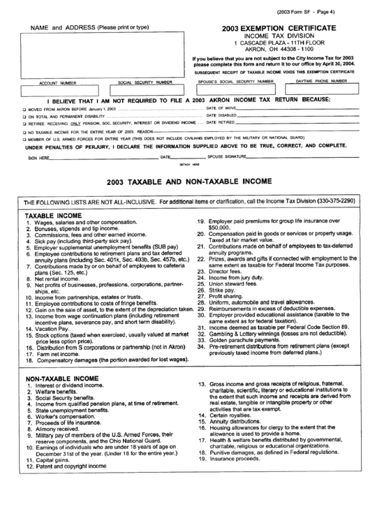 Form Sf - 2003 Exemption Certificate - Income Tax Division Printable pdf
