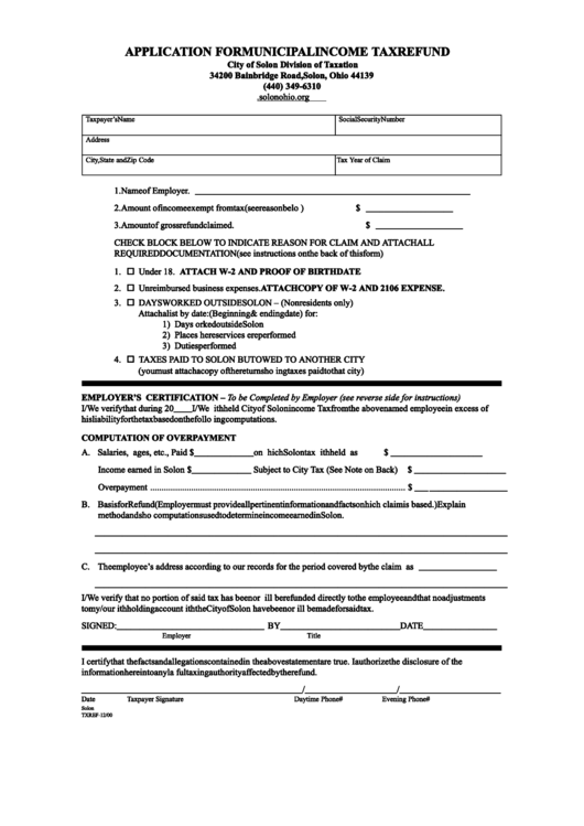 Form Txref - Application For Municipal Income Tax Refund Form December 2000 Printable pdf
