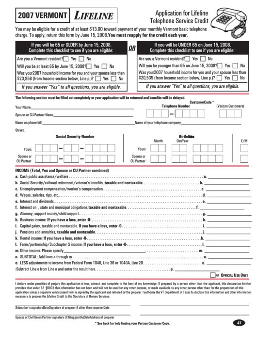 Application For Lifeline Telephone Service Credit - Vermont - 2007 Printable pdf