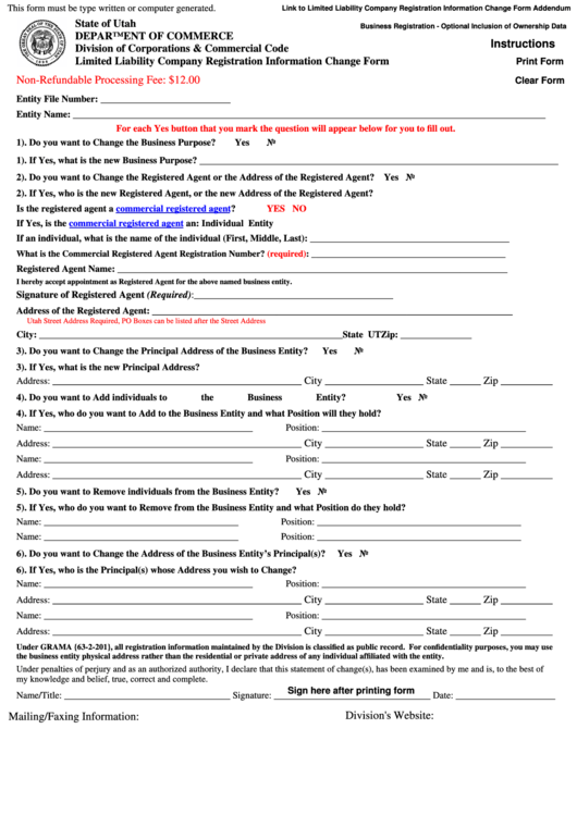 Fillable Limited Liability Company Registration Information Change Form Printable pdf