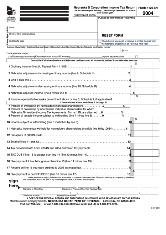 Fillable Form 1120-Sn - Nebraska S Corporation Income Tax Return - 2004 Printable pdf
