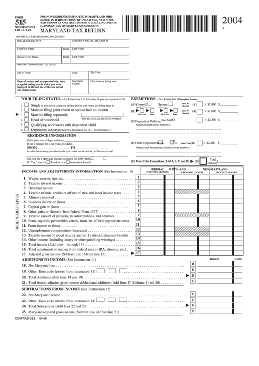 Fillable Form 515 - Maryland Tax Return - 2004 Printable pdf