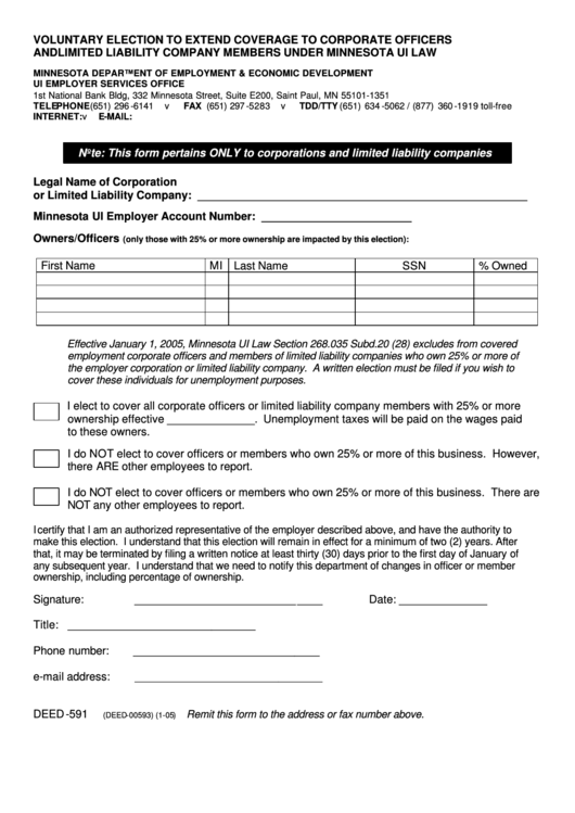 Form Deed-591 - Voluntary Election To Extend Coverage To Corporate Officers And Limited Liability Company Members Under Minnesota Ui Law Printable pdf