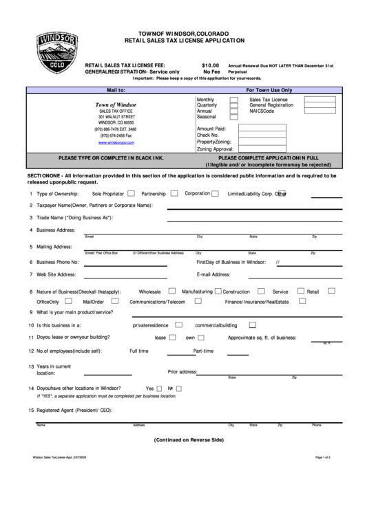 Retail Sales Tax License Application Form 2009 Printable pdf