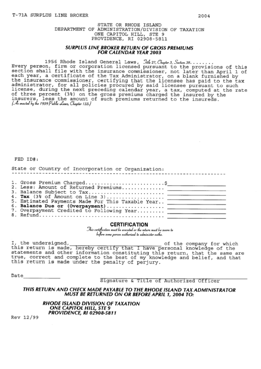 Form T-71a - Surplus Line Broker Return Of Gross Premiums For Calendar Year 2003 Printable pdf