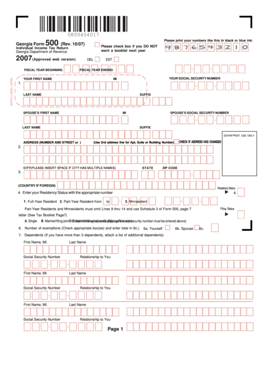 Fillable Form 500 - Individual Income Tax Return (2007) - Georgia Department Of Revenue Printable pdf