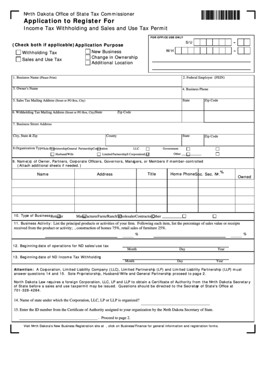 Fillable Application To Register For Income Tax Withholding And Sales And Use Tax Permit North