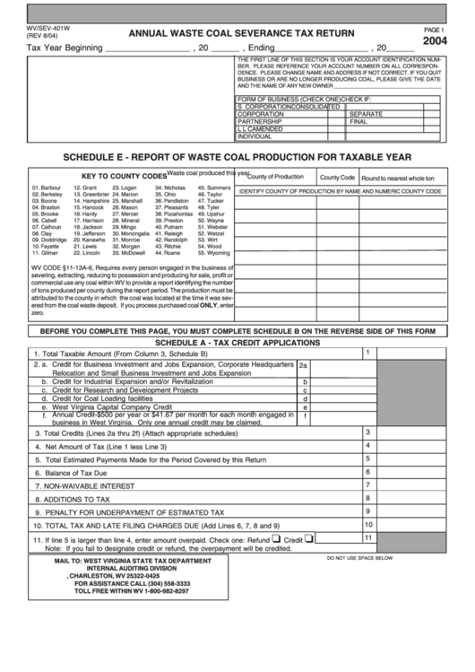 Form Wv/sev-401w - Annual Waste Coal Severance Tax Return - 2004 Printable pdf