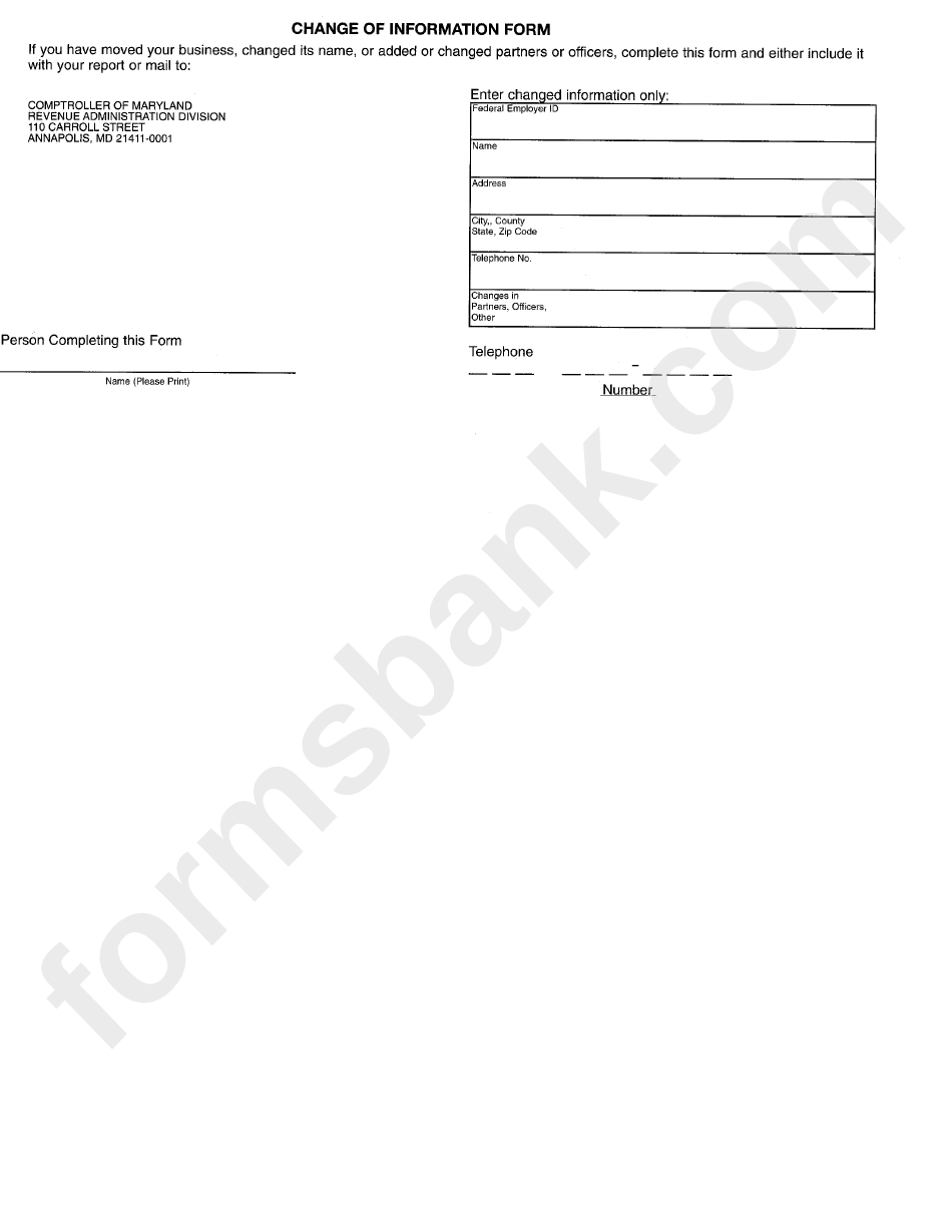 Change Of Information Form - Maryland Revenue Administration Division