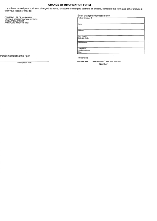 Change Of Information Form - Maryland Revenue Administration Division Printable pdf