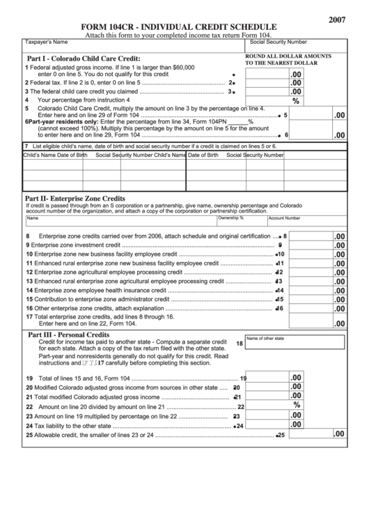 Form 104cr - Individual Credit Schedule - 2007 Printable pdf
