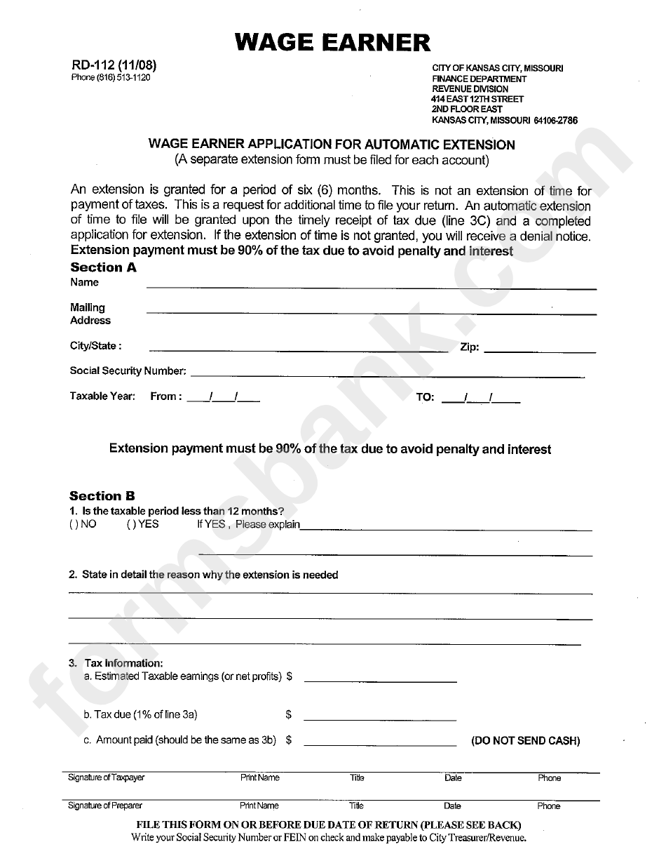 Form Rd-112 - Wage Earner Application For Automatic Extension - City Of Kansas - 2008
