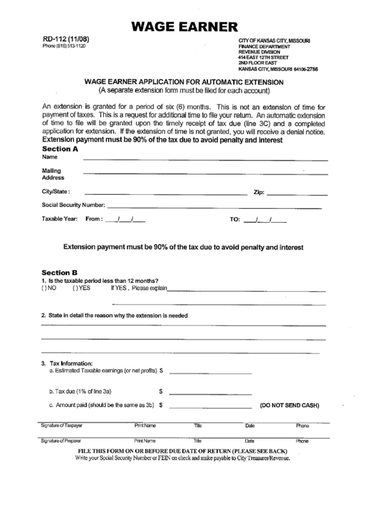 Form Rd-112 - Wage Earner Application For Automatic Extension - City Of Kansas - 2008 Printable pdf