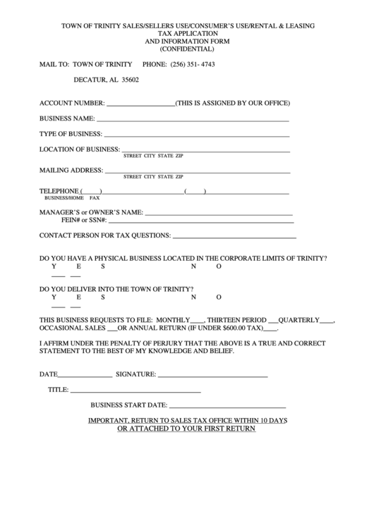 Sales/sellers Use/consumer's Use/rental & Leasing Tax Application And Information Form - Town Of Trinity