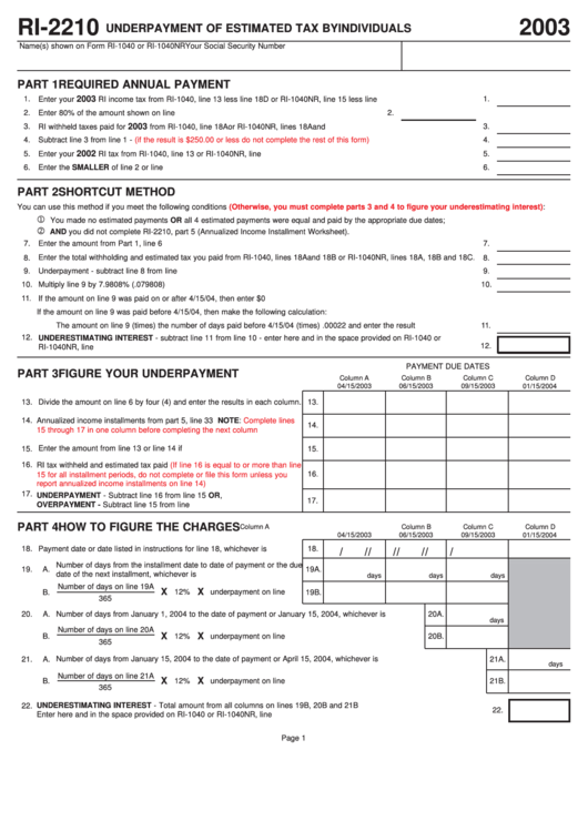Form Ri-2210 - Underpayment Of Estimated Tax By Individuals - 2003 Printable pdf