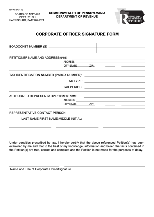Form Rev-788 Ba - Corporate Officer Signature Form - Commonwealth Of Pennsylvania Printable pdf