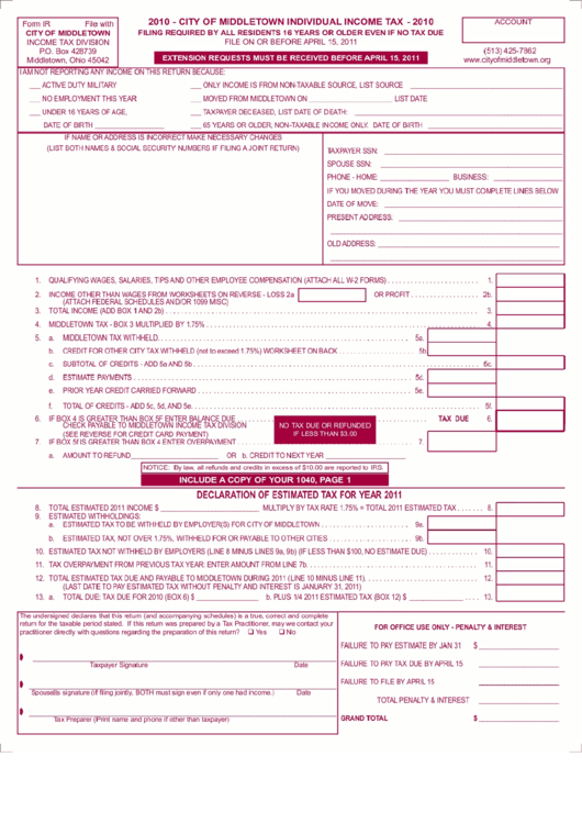 Form Ir - Individual Income Tax - City Of Middletown - 2010 Printable pdf