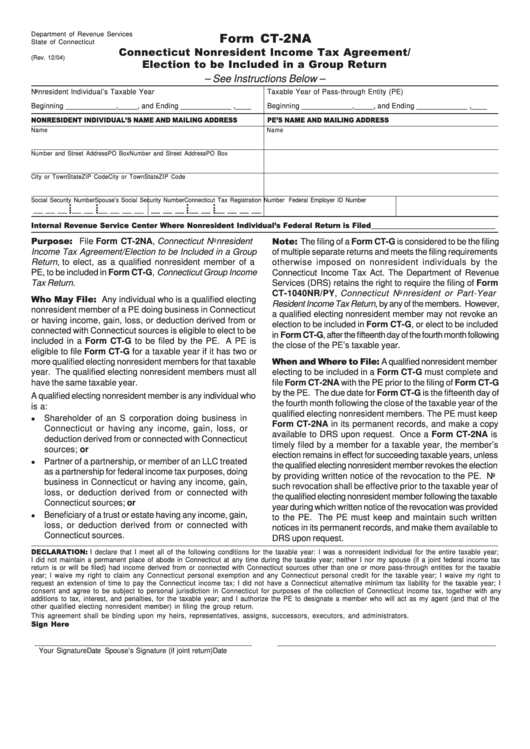 Form Ct-2na - Connecticut Nonresident Income Tax Agreement/ Election To Be Included In A Group Return - Department Of Revenue Services Printable pdf