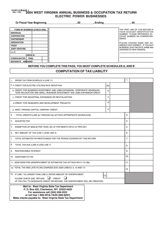 Form Wv/bot-301e - 2004 West Virginia Annual Business & Occupation Tax Return Electric Power Businesses Printable pdf