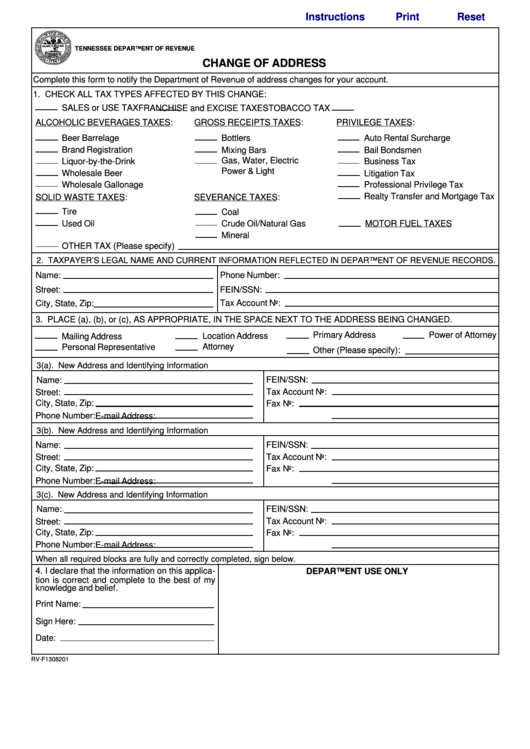Fillable Form Rv-F1308201 - Change Of Address - Tennessee Department Of Revenue Printable pdf