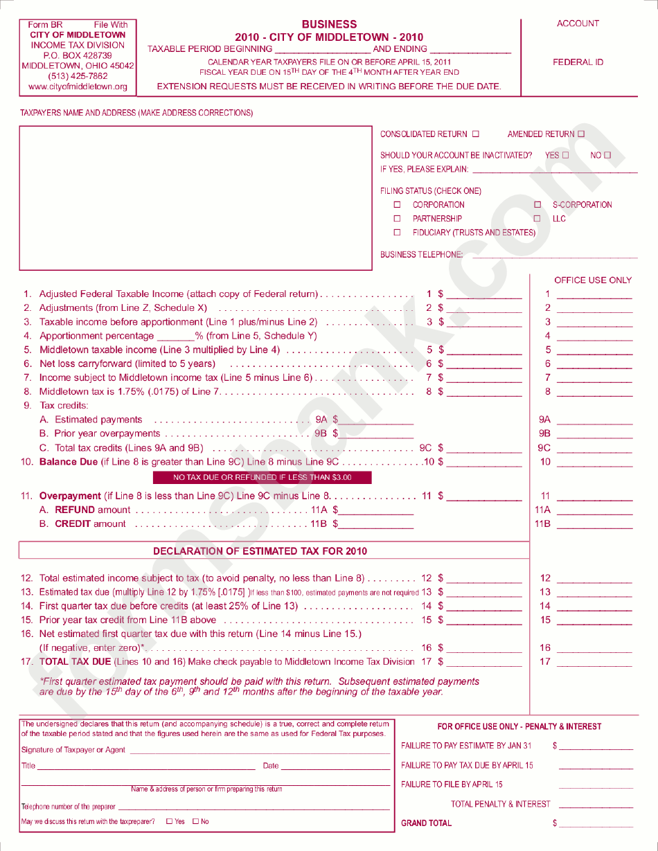 Form Br - Business Tax Form - City Of Middletown - 2010