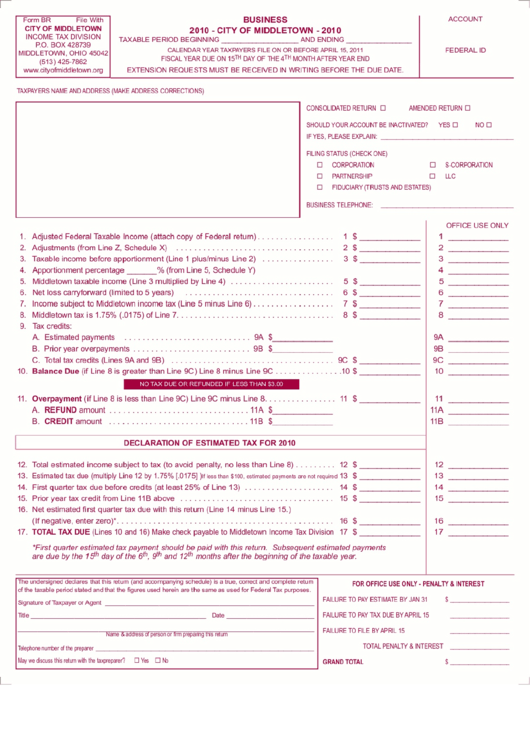 Form Br - Business Tax Form - City Of Middletown - 2010 Printable pdf