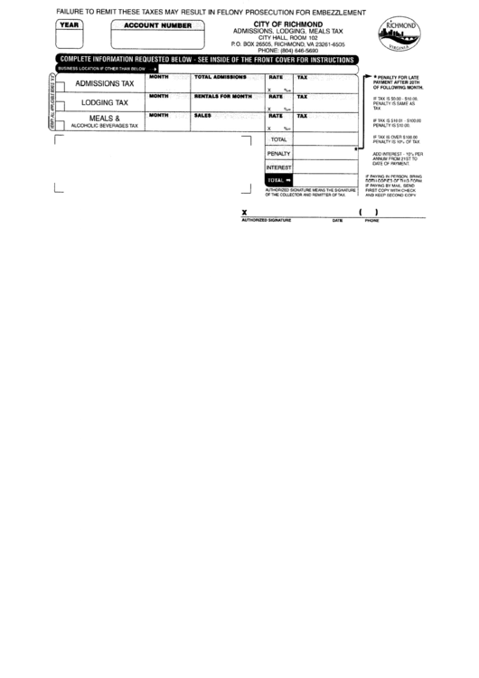 Admissions, Lodging, Meals Tax Form - City Of Richmond - 2003 Printable pdf