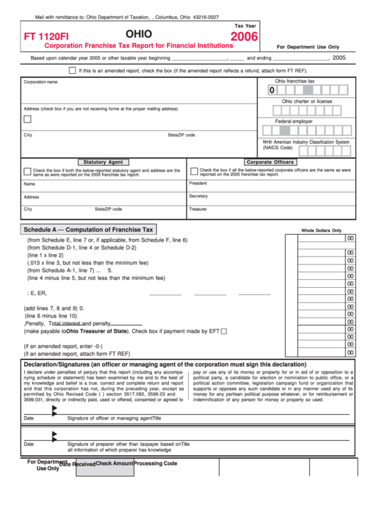 Form Ft 1120fi - Corporation Franchise Tax Report For Financial Institutions - 2006 Printable pdf