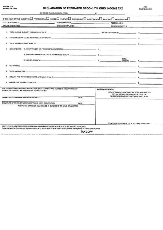 Declaration Of Estimated Brooklin - Ohio Income Tax Printable pdf