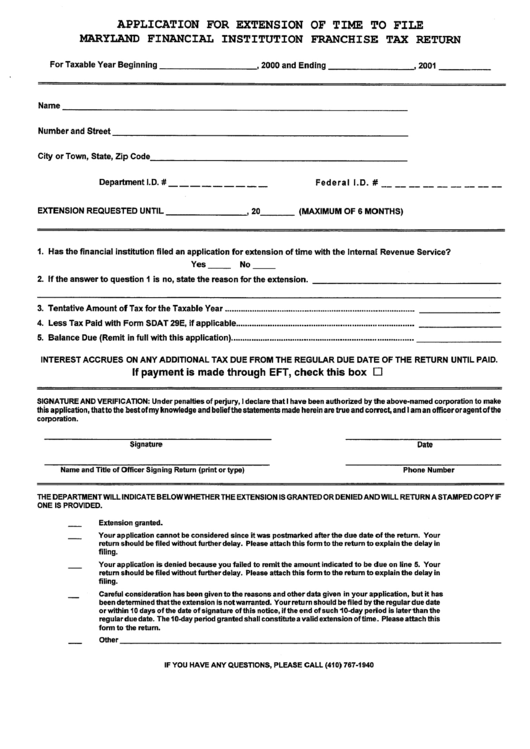 Application For Extension Of Time To File - Maryland Finansial Institution Franchise Tax Return Printable pdf