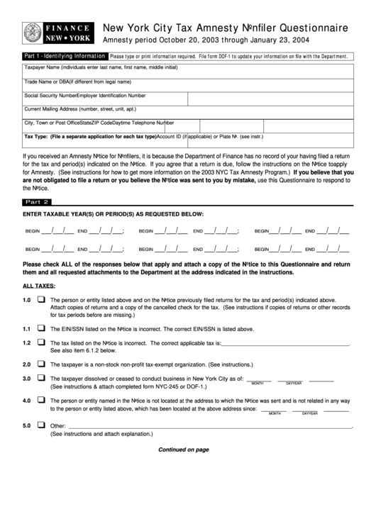 New York City Tax Amnesty Nonfiler Questionnaire - Department Of Finance - 2004 Printable pdf
