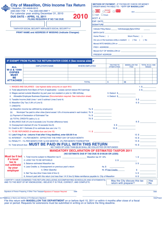 Income Tax Return Form - City Of Massillon - 2010 Printable pdf