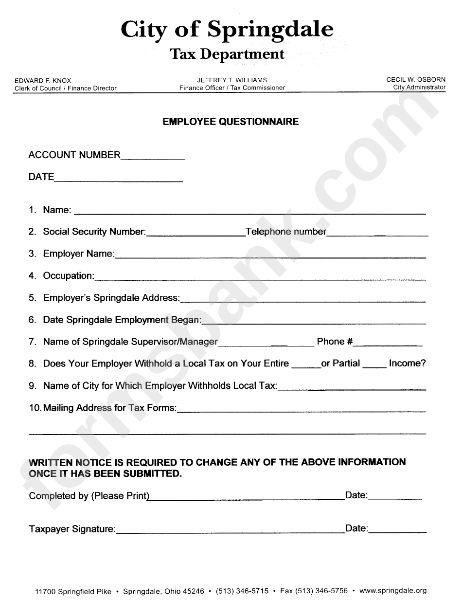 Employee Questionnaire - City Of Springdale - Tax Department