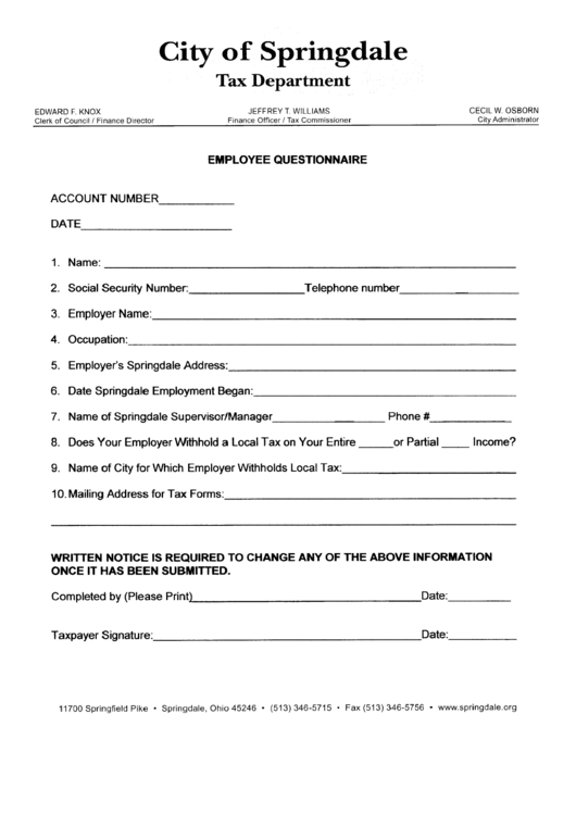 Employee Questionnaire - City Of Springdale - Tax Department Printable pdf