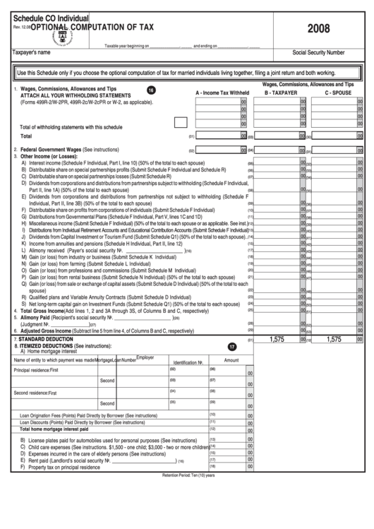 Schedule Co Individual - Optional Computation Of Tax - 2008 Printable pdf