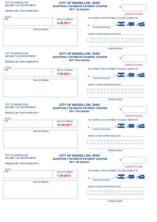 Quarterly Estimate Payment Coupon - City Of Massillon - 2011 Printable pdf